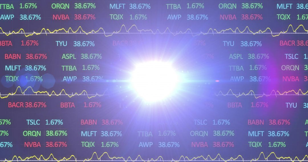 Central white flare obscuring neon stock market display, tickers and waveform analytics