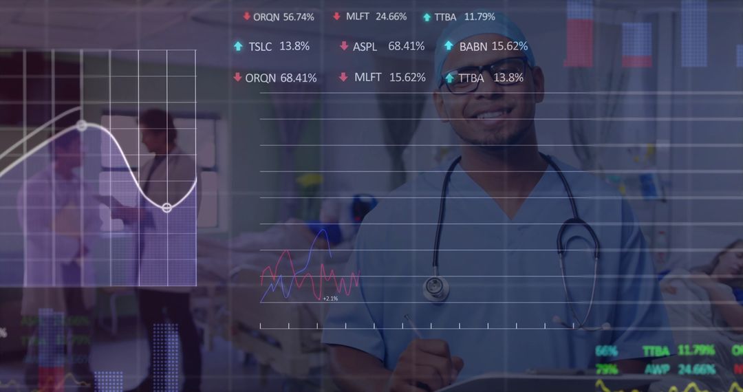 Smiling Doctor in Hospital Ward with Digital Analytics Overlay