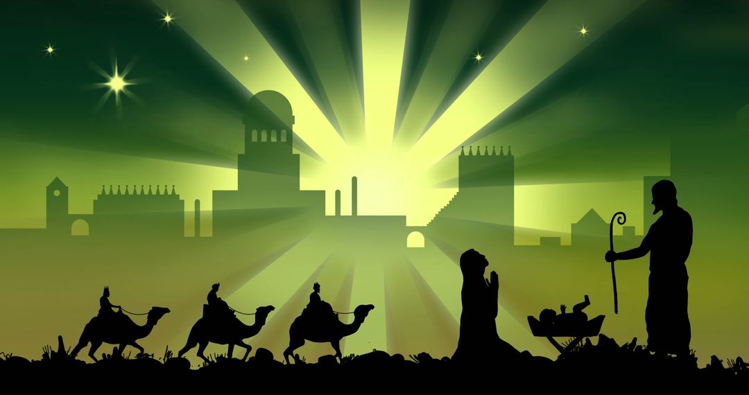 Three Wise Men Silhouette Cityscape with Nativity Scene