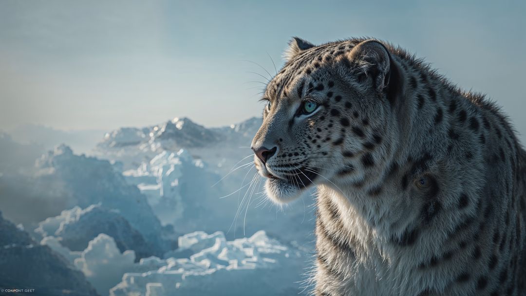 Snow Leopard Surveying Snowy Mountain Ranges in Serenity