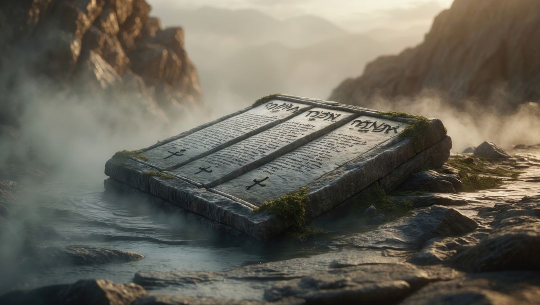 Ancient engraved stone slab in misty canyon scene, ten commandments concept