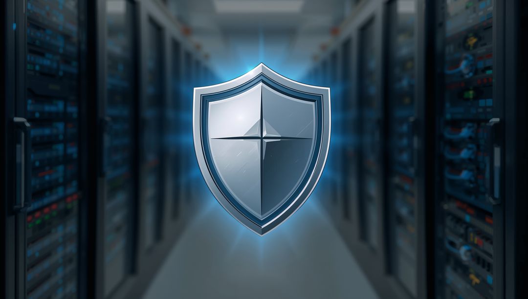 Futuristic Metallic Shield Guarding Server Racks with Glowing Cyan Cybersecurity Emblem