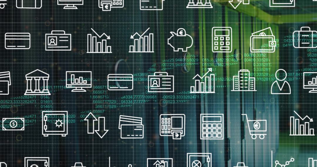 Business Icons with Digital Data Overlay on Computer Servers