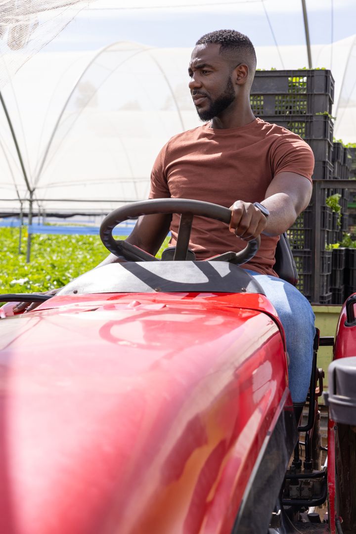 Farmer Operating Red Tractor in Modern Greenhouse Setting