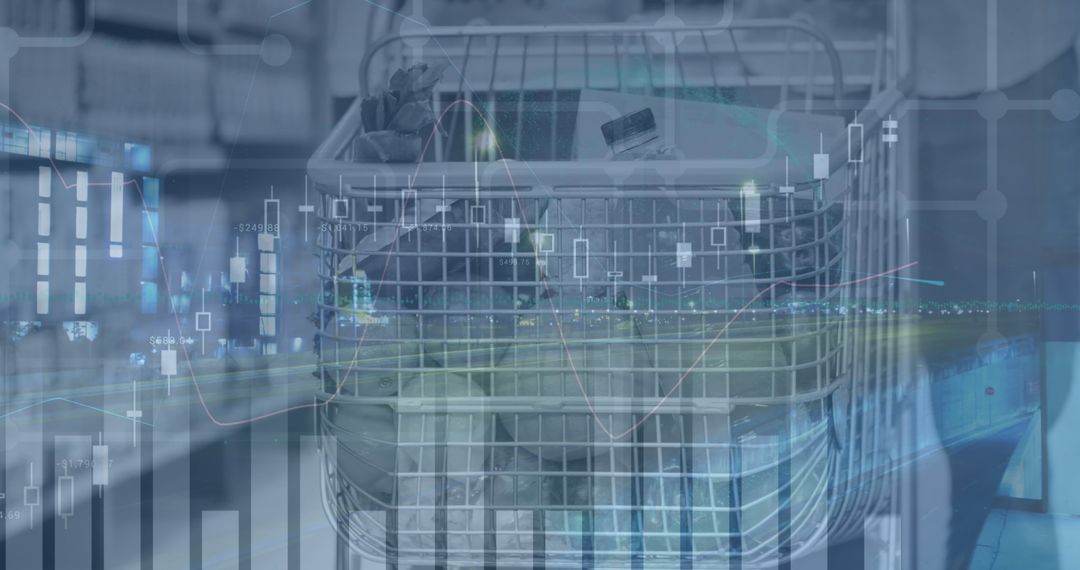 Digital Interface Overlay on Shopping Cart Illustrating Global Trends