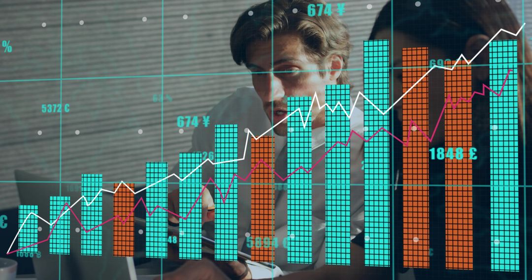 Reviewing financial analytics on laptop with rising bar and line charts, team collaborating