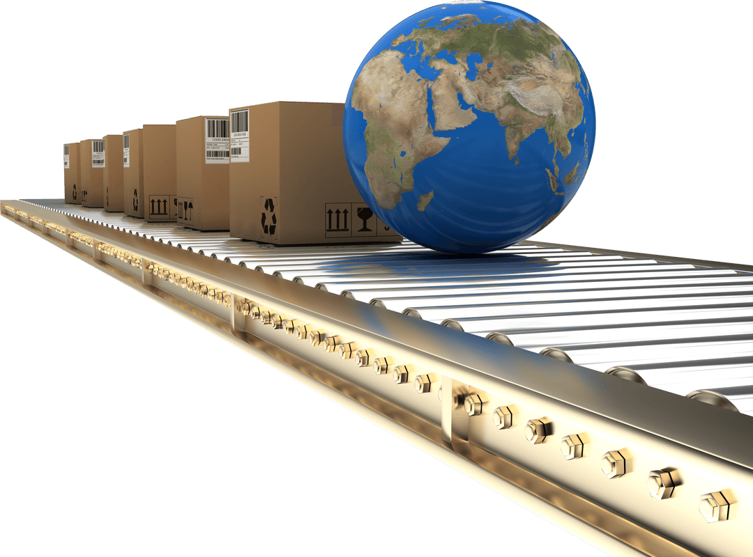 Transparent Globe with Boxes on Conveyor Belt Symbolizing Global Commerce