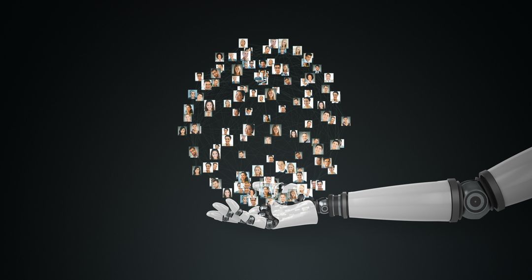 Robotic Hand Showcasing Digital Network of Profile Images