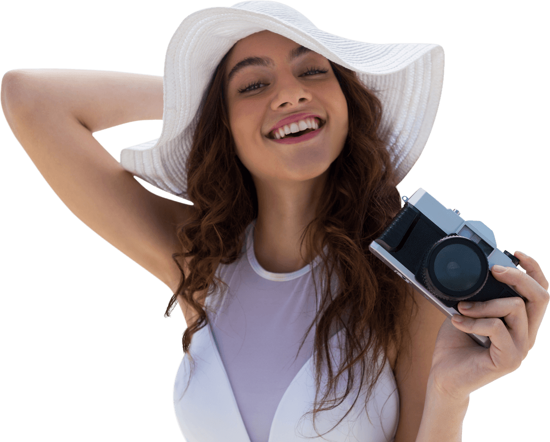 Smiling Woman Holding Camera with Transparent Hat in Sunlight