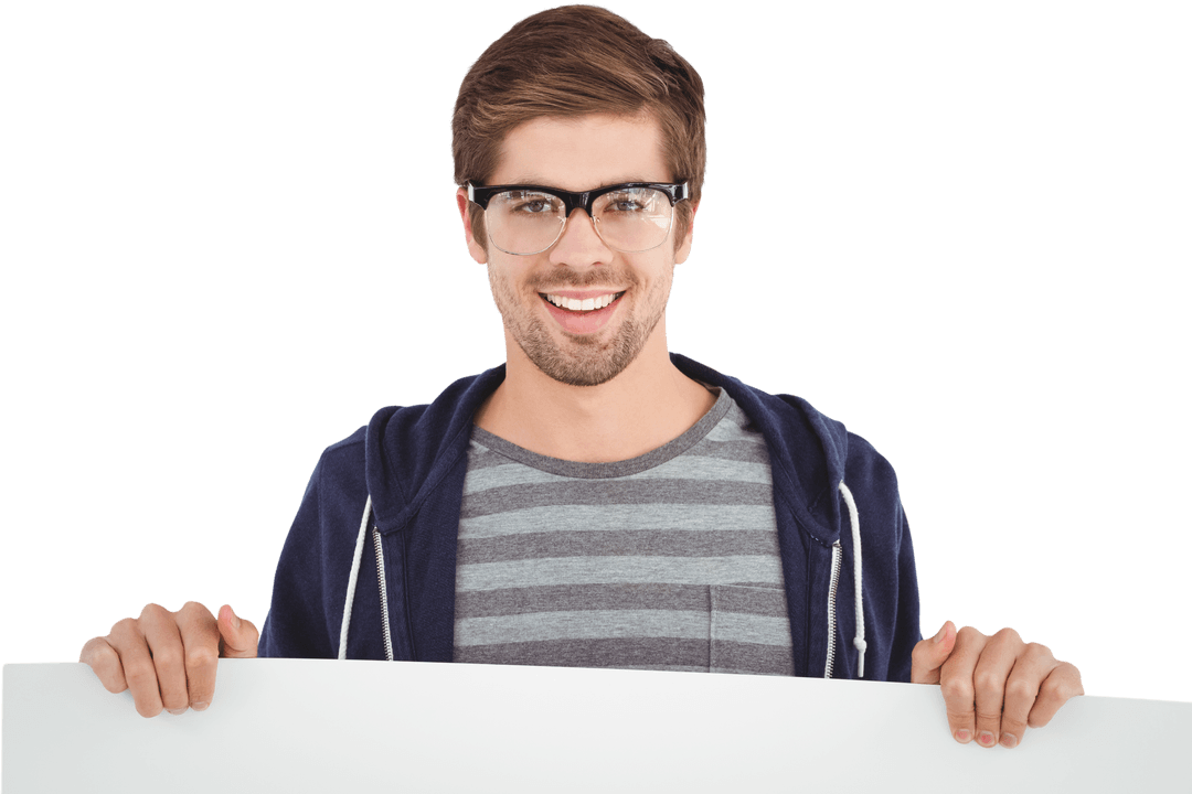 Smiling Man with Glasses Holding Blank Transparent Sign