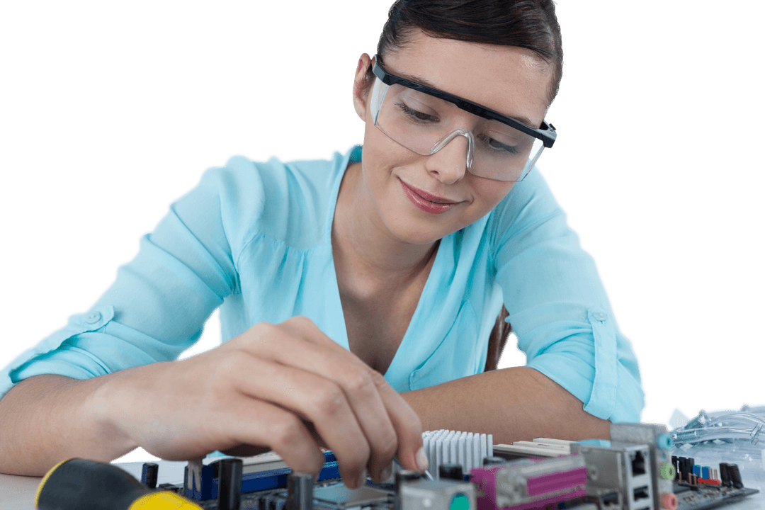 Transparent Smiling Female Computer Engineer Fixing Motherboard