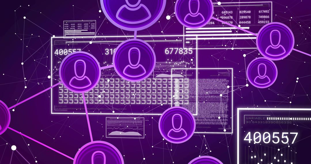 Neon purple network connecting user avatars across glowing data grid with code visuals