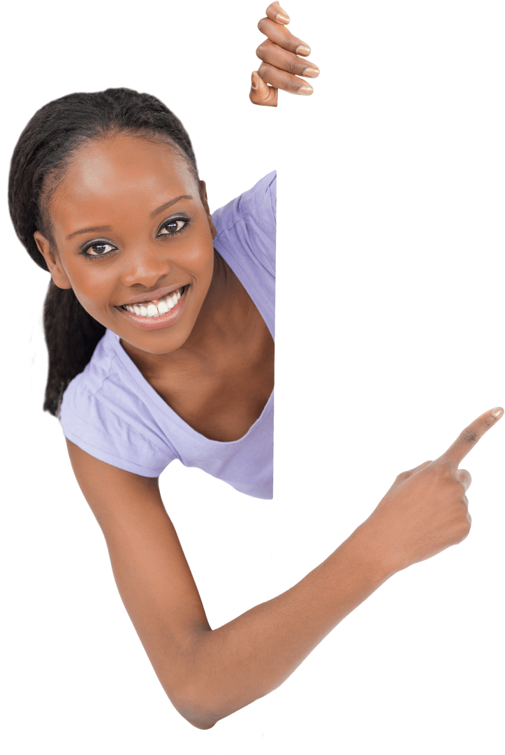 Smiling African American Woman Pointing at Transparent Display