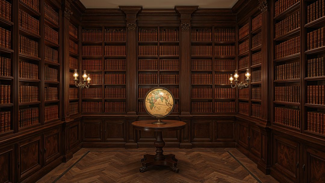Antique british empire globe turning in library with leather-bound books