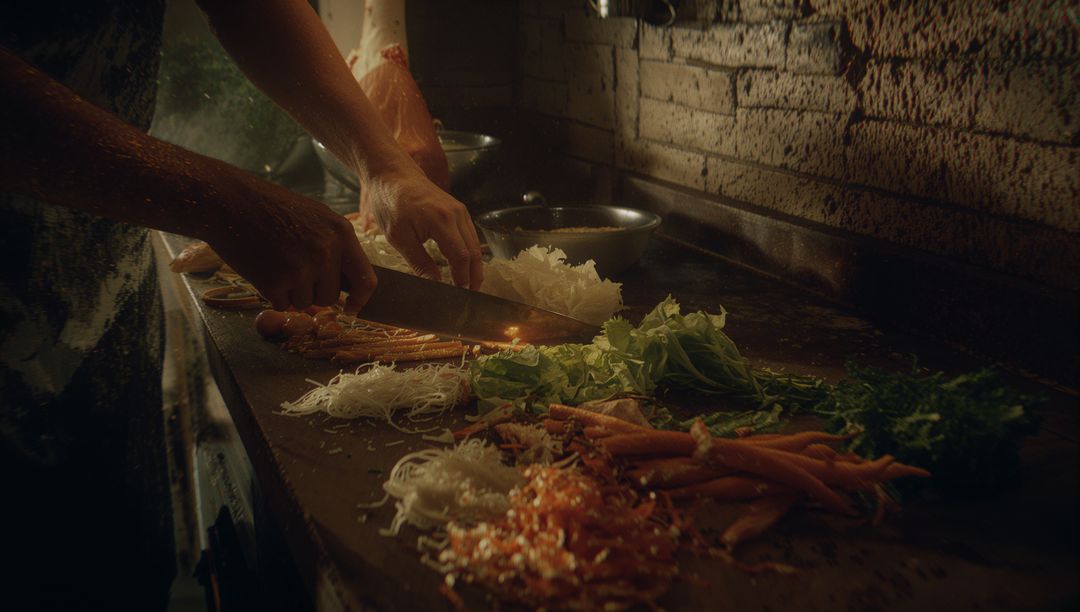 Chefs Slicing Fresh Vegetables for Culinary Teamwork Preparation