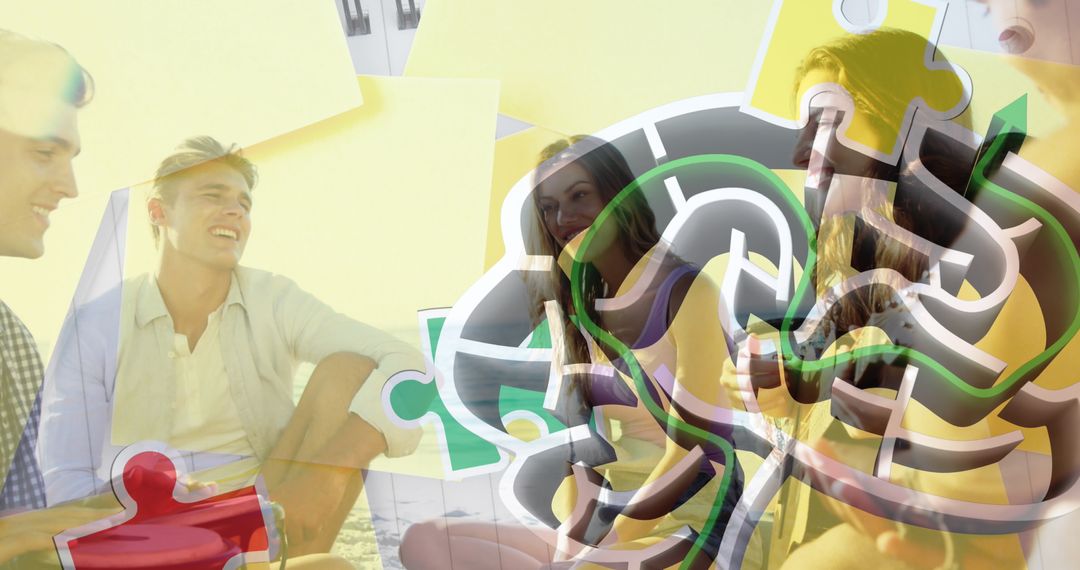 Autism Awareness Concept with Friends at Beach Party and Brain Puzzle Overlay