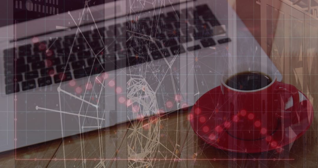 Laptop Displaying Financial Data with Futuristic Network Overlay