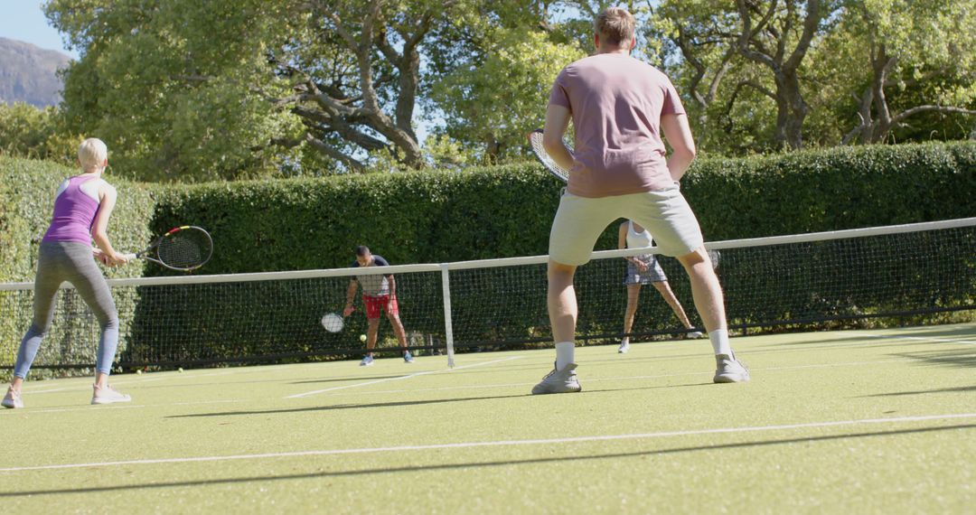 Group Friends Playing Tennis on a Sunny Day Outdoors - Free Images, Stock Photos and Pictures on Pikwizard.com