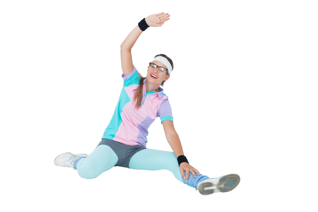 Playful Female Geek Stretching in Retro Sportswear on Transparent Background