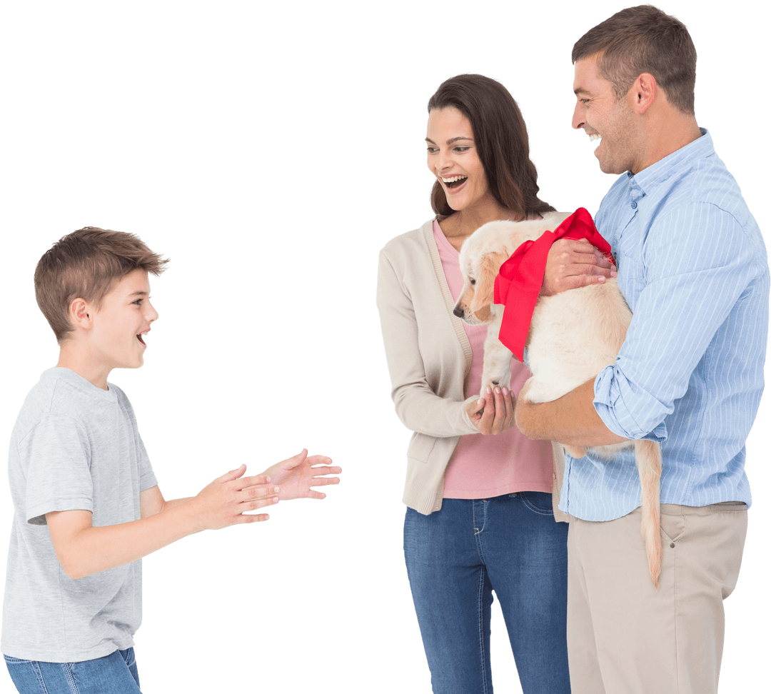 Family Gifting Puppy with Red Bow to Son Transparent Background