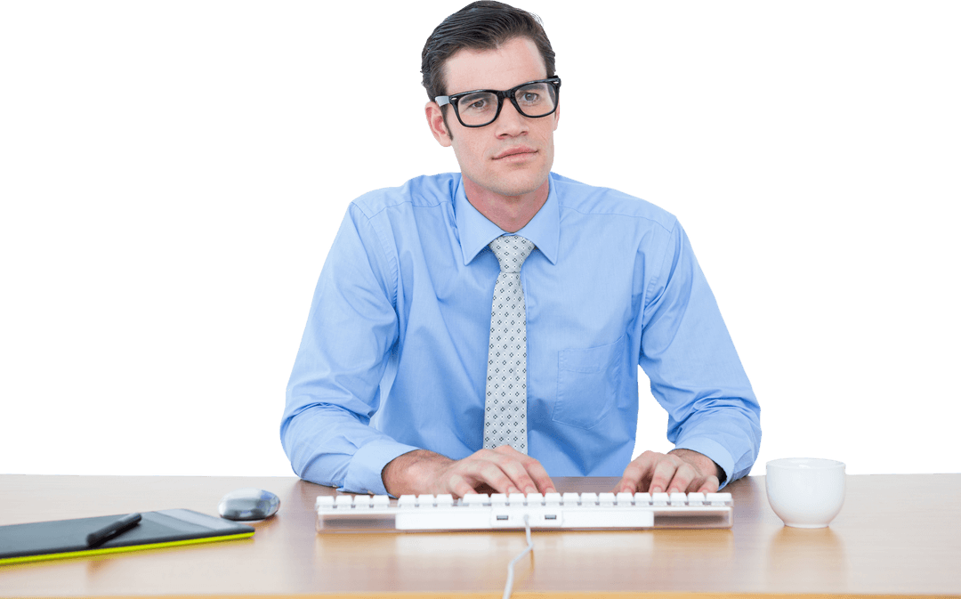 Caucasian Businessman Typing on Computer Transparent Background