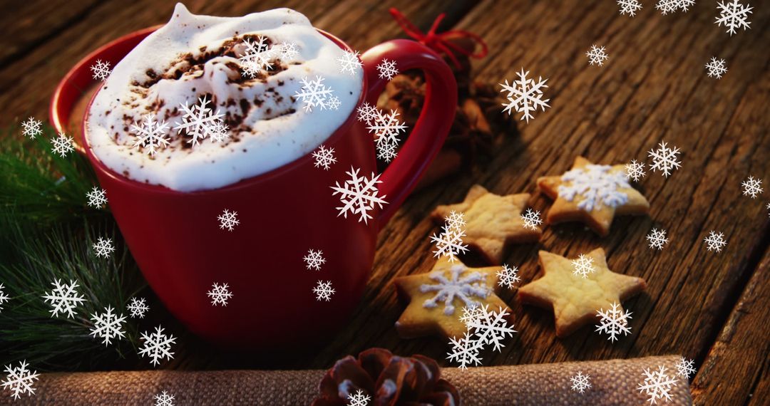 Hot Chocolate in Red Mug with Snowflakes and Cookies