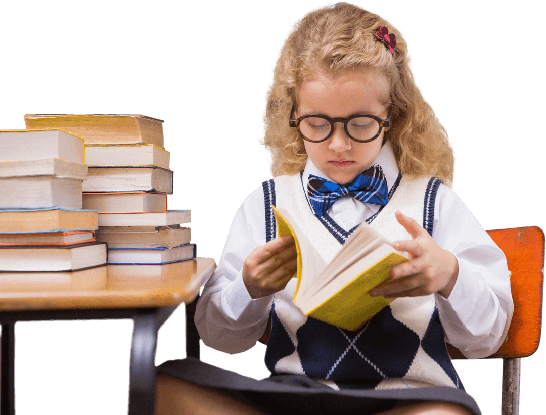 Focused Elementary Schoolgirl Reading Book with Books Stack on Table Transparent