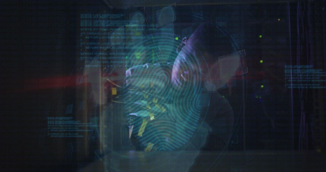 African American Technician Working in Server Room with Digital Fingerprint Interface