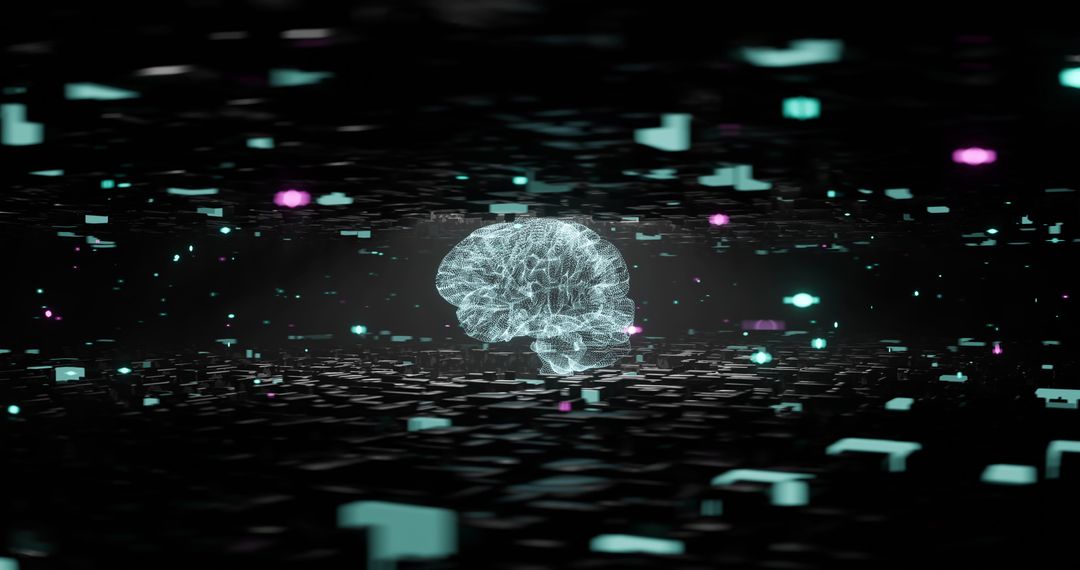 Digital Blue Brain with Floating Blocks on Dark Background