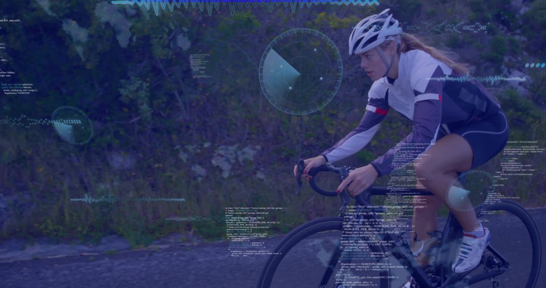 High-tech Cyclist in Nature with Digital Overlays