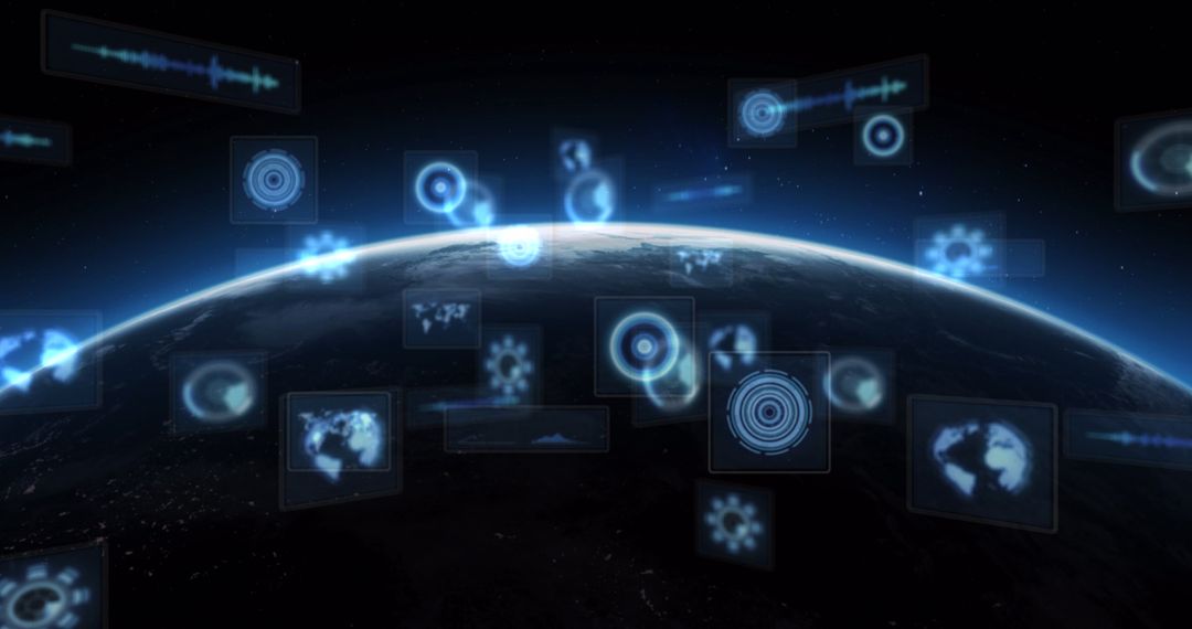 Digital Interface Scopes Hover Over Globe with Futuristic Graphics