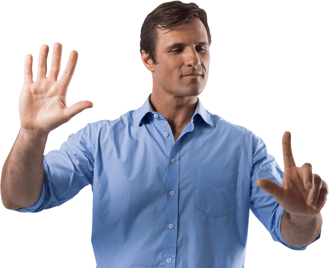 Male Executive Interacts with Transparent Virtual Screen