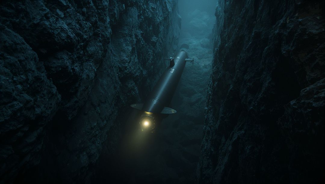 Autonomous Torpedo Drone UUV Navigating Deep-Sea Canyon Illuminating Abyss with Beam