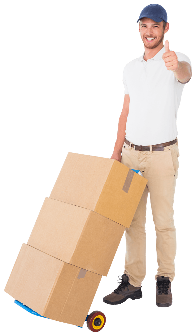 Happy Delivery Man Giving Thumbs Up with Boxes on Trolley Transparent