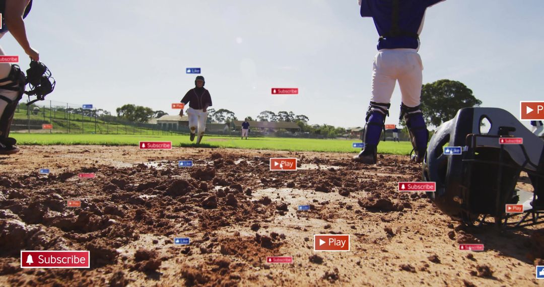 Baseball Action with Runner Approaching Home Plate in Mid-Stride