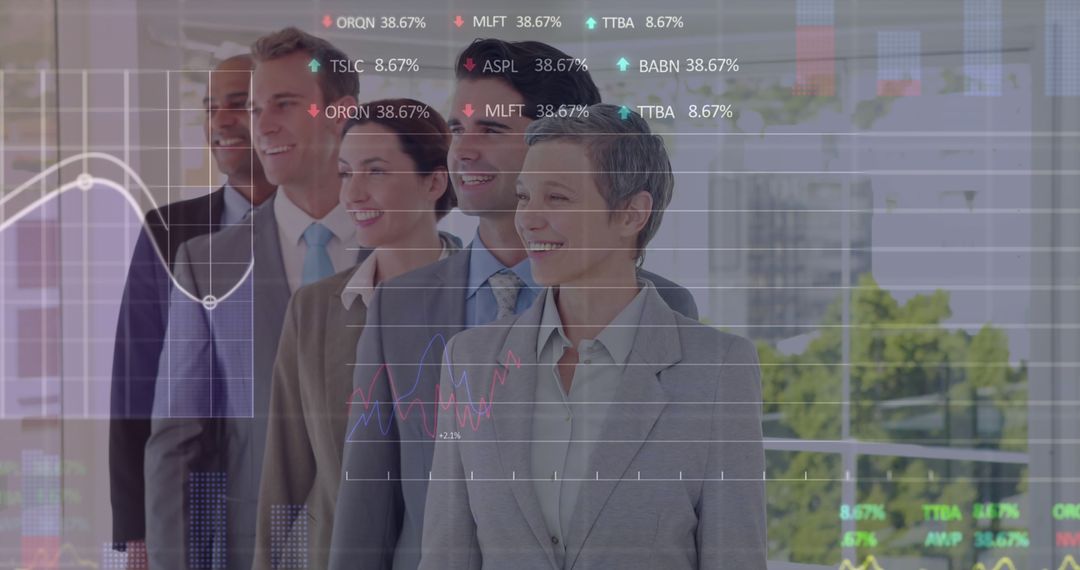Confident Business Team with Finance Growth Graphs Overlay