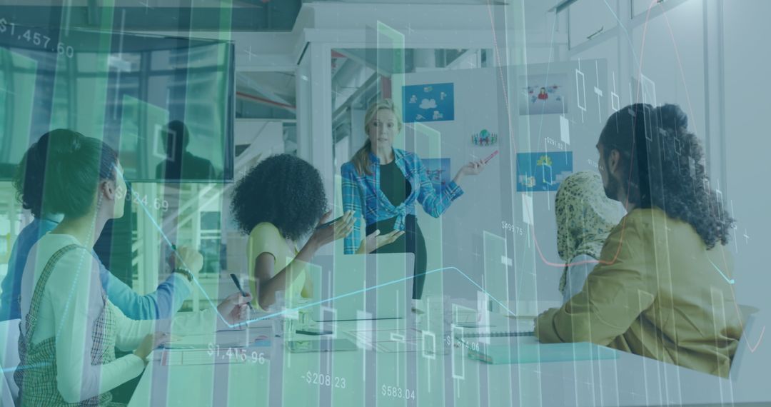 Diverse Team Engaging in Office Brainstorm with Data Overlay