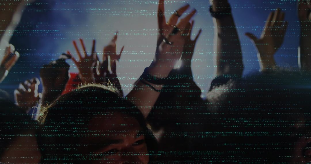 Nightclub Crowd Raising Hands Under Neon Lights With Digital Glitch Effect and Haze