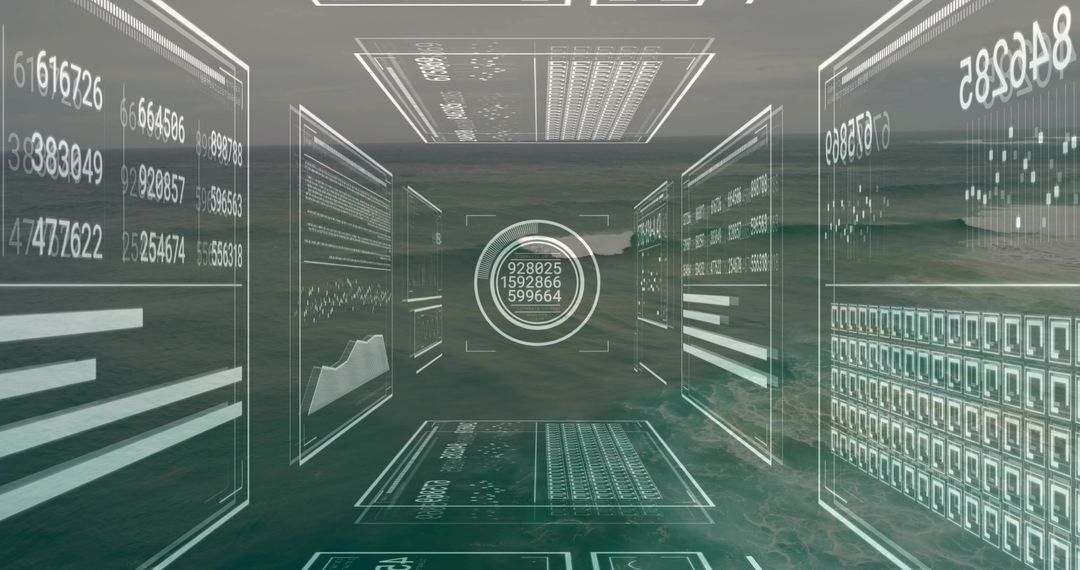 Holographic Data Panels Hovering Over Serene Ocean Scene