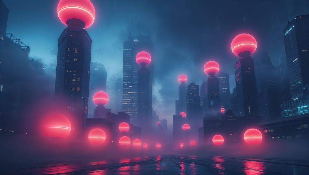 Futuristic neon spheres over skyscrapers in misty cityscape, red alert concept