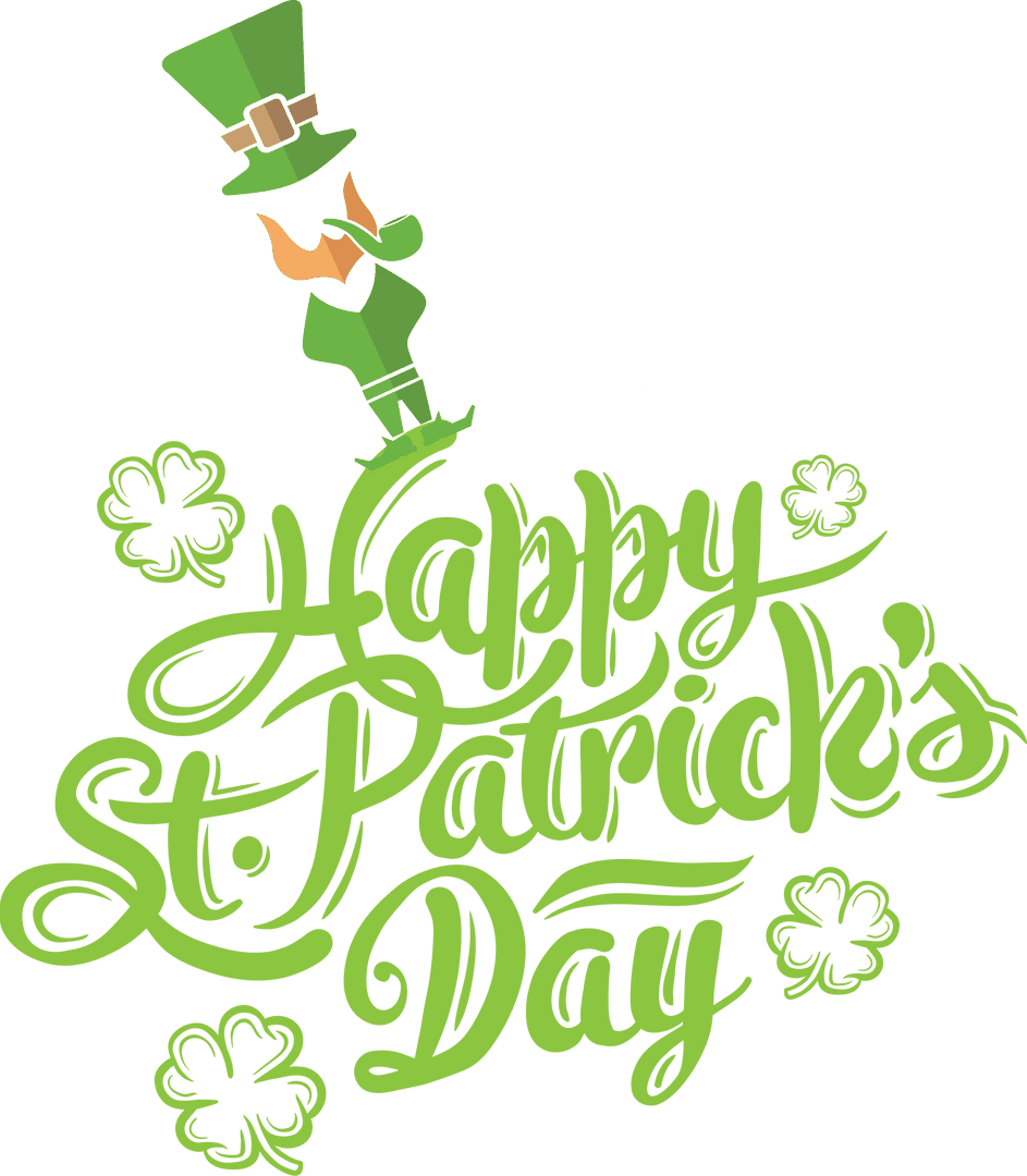 Happy Saint Patrick's Day Text with Leprechaun PNG on Transparent Background