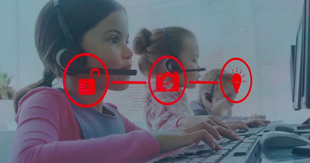 Children Engaged in Tech Activities with Media Icons Overlay