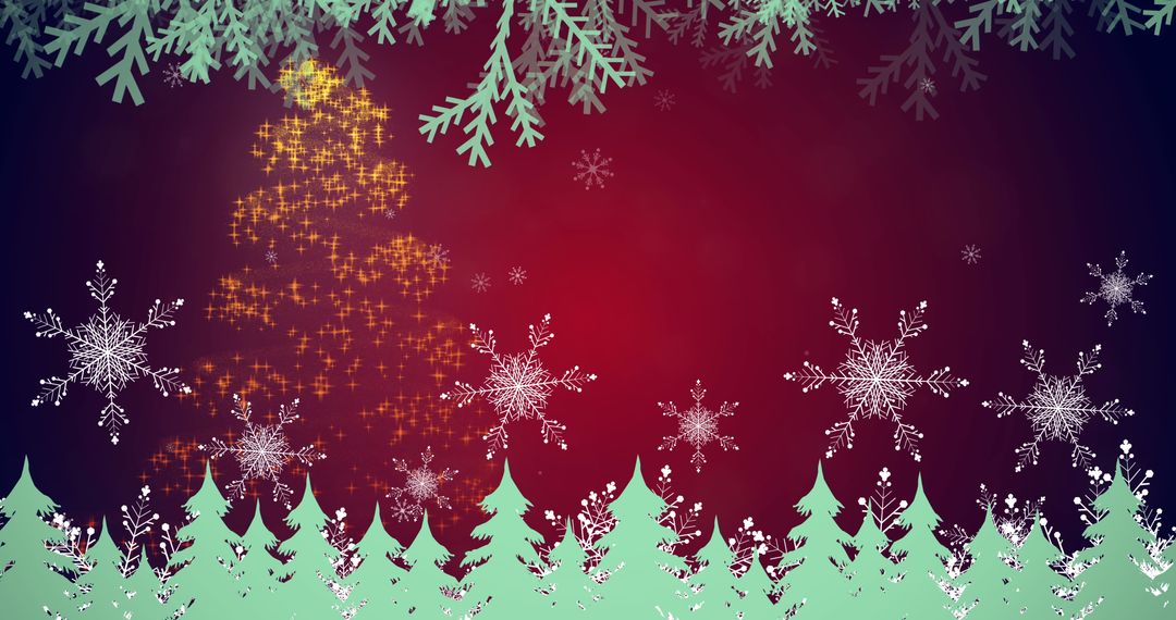 Festive Snowflake and Christmas Tree Illustration with Red Background
