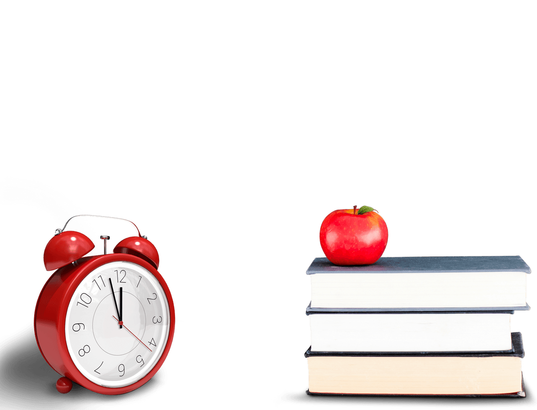 Transparent School Concept with Red Clock Next to Books and Apple
