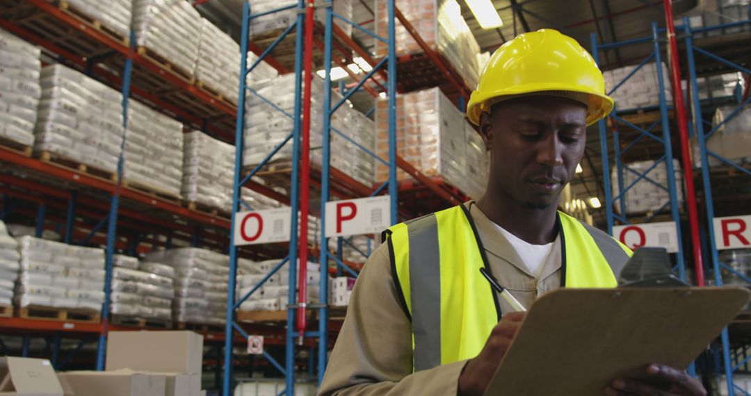 Warehouse Worker Checking Inventory on Clipboard Wearing Safety Gear - Free Images, Stock Photos and Pictures on Pikwizard.com