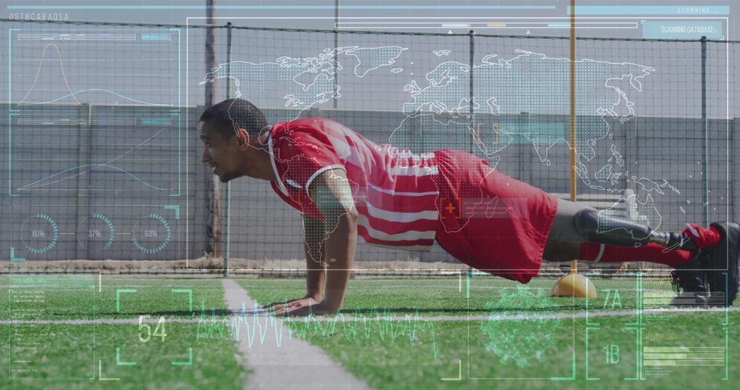 Soccer Athlete Doing Push-Ups with Futuristic Data Interface Overlay