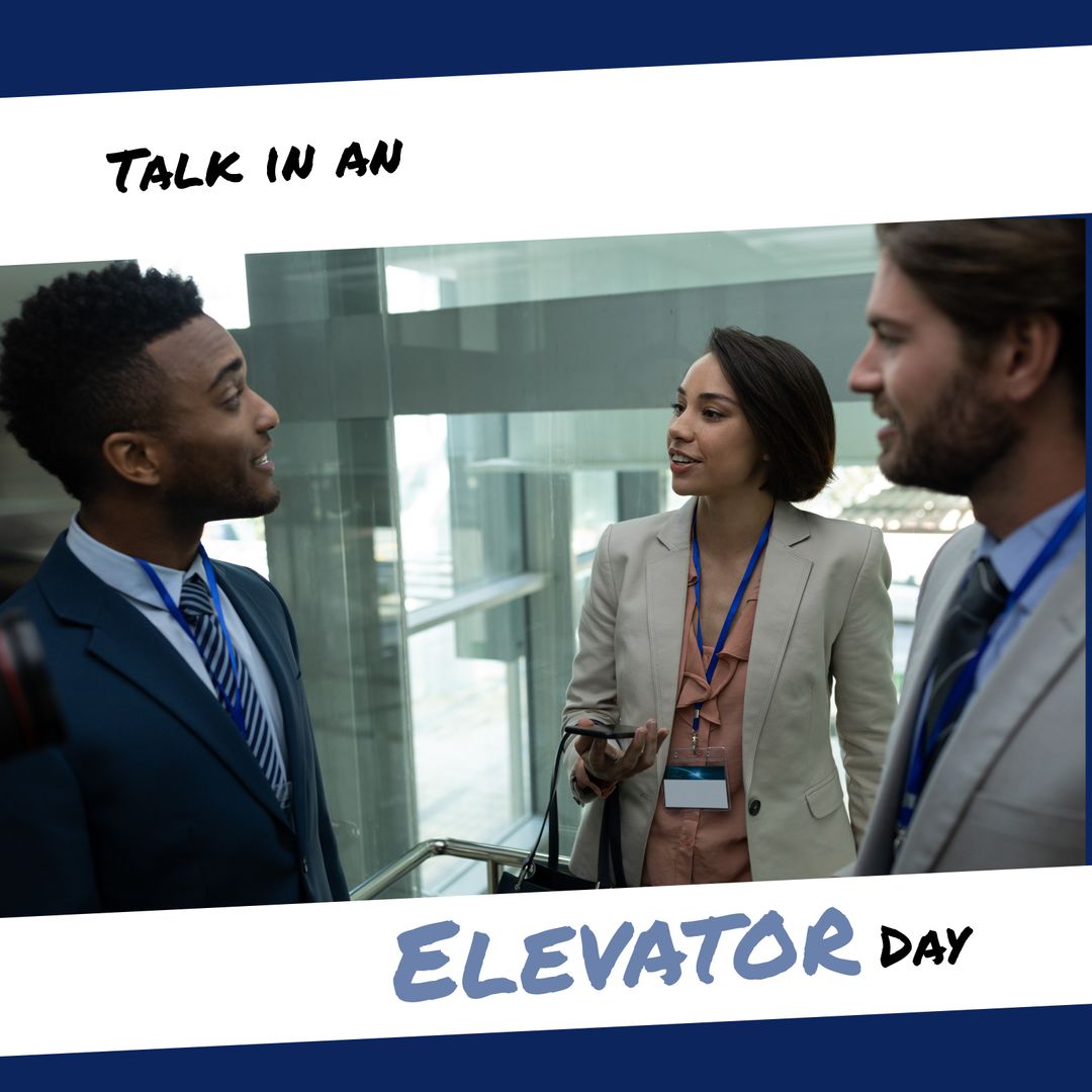 Colleagues Discussing in Glass Elevator