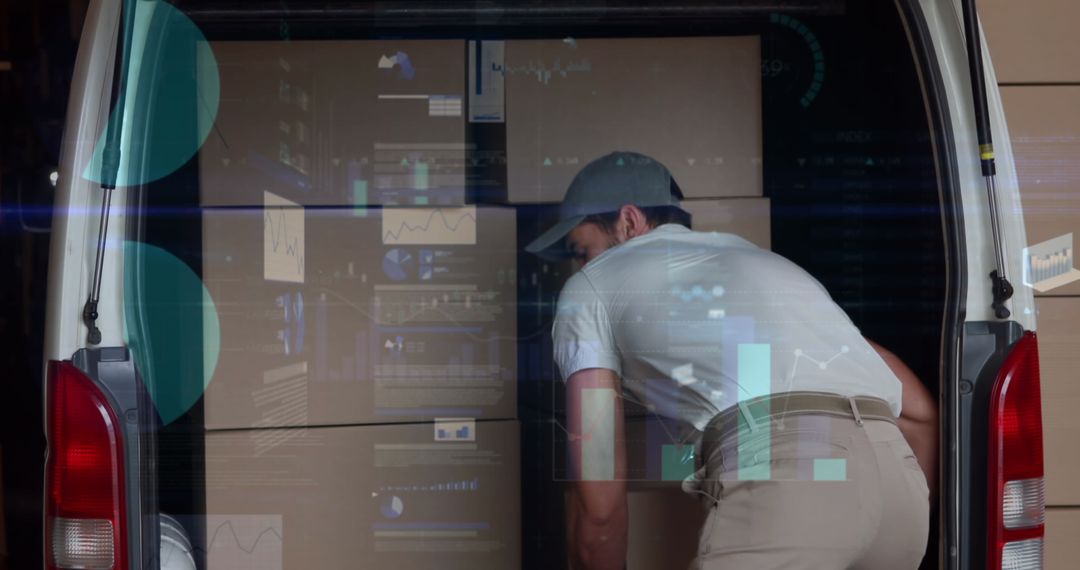 Double Exposure: Delivery Man Unloading Van with Digital Data Projection