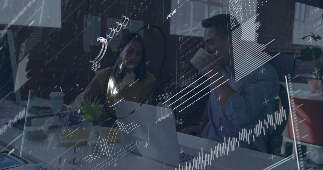 Collaborating colleagues analyzing financial charts on laptop with analytics data overlay