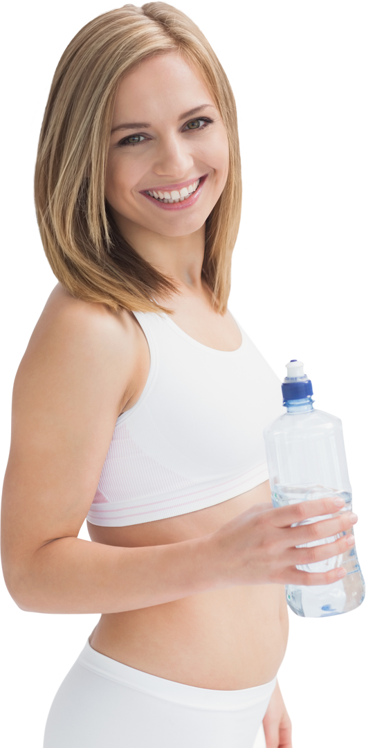 Smiling Woman in Sportswear Holding Water Bottle on Transparent Background - Download Free Stock Images Pikwizard.com